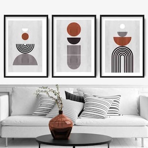 GEOMETRIC set of 3 Grey Black and Terracotta Art Prints Abstract Mid Century Arches and Circles Gallery Wall Pictures Posters Artwork ARTZE
