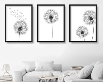 DANDELIONS Set of 3 Gallery Wall Art Prints Dandelion Flower Sketch Scandinavian Posters Black and White Floral Minimalist Artwork