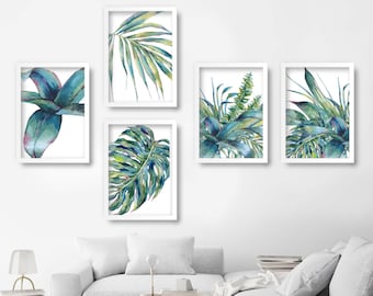 Set of 5 ORIGINAL Tropical Palm Leaf Leaves Watercolour Blue Green Gallery wall tropical ART Prints Botanical