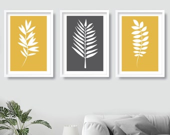 Botanical Leaf Prints, Set of 3, Grey Yellow White, Minimal Wall Art