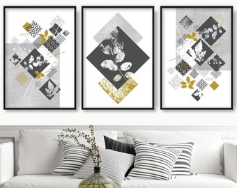 BOTANICAL Set of 3 Gallery Wall Art Prints abstract GEOMETRIC Scandinavian Posters Grey and Mustard Yellow Floral Minimalist Artwork ARTZE