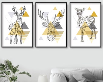 Geometric Stag and Deer Prints, Yellow, Grey, Wall Art, Set of 3