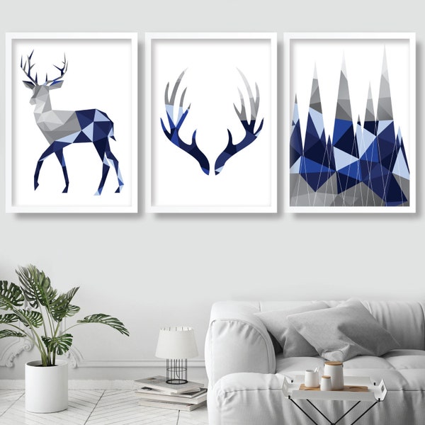 GEOMETRIC set of 3 Navy BLUE & Grey Art Prints STAG Antlers and Mountains Wall Pictures Posters Contemporary Art