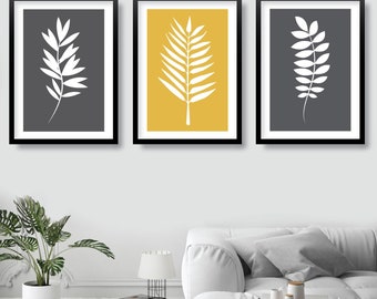 Tropical Leaf Art Prints, Set of 3, Grey, Yellow, Scandinavian Botanical Wall Decor