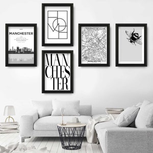 5er Set MANCHESTER Kunstdrucke Stadtbild, Skyline Street Karte Arbeiter Biene Symbol Wandbilder Poster Kunstwerk Perfektes Geschenk