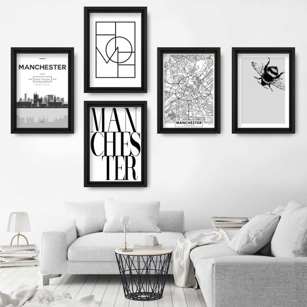 Set of 5 MANCHESTER Art Prints cityscape, Skyline Street Map Worker Bee Symbol Wall Pictures Posters Artwork Perfect Gift