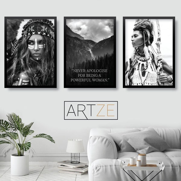 Set of 3 FASHION Strong WARRIOR Woman Powerful Quote Monochrome Black and White Photograph Gallery Wall Art Print Picture Poster