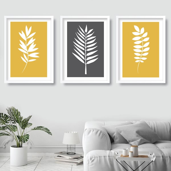 Set of 3 Grey Yellow and White Gallery Wall Art Prints Tropical LEAVES Botanical Leaf Scandinavian Posters Minimalist Graphical Artwork