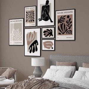Set of 7 GALLERY WALL Art, 7 Prints, Beige, Black Matisse Style Cutouts Modern Living Room, Bedroom , Hallway, Office Decor Wall Art Prints