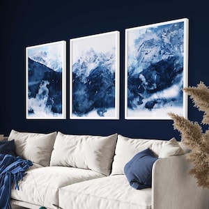FRAMED Wall Art Set of 3 Abstract Art Prints of Paintings Navy Blue & White MOUNTAINS Wall Art Print Poster wall art Pictures Artwork
