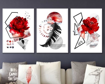 Red Peony Abstract Prints, Set of 3, Botanical Wall Art