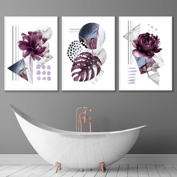 Set of 3 Purple Grey and Blue Abstract Geometric and Botanical Peonies Leaf Wall Art Print Poster Decor Home Office Pictures Artwork