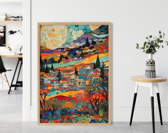 Multi-Colour Vibrant Abstract Rural Landscape Contemporary Style Painting Print FRAMED Wall Art