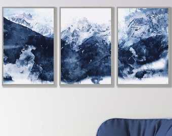 Set of 3 Abstract Art Prints of Paintings Navy Blue with White Wall Art Print Poster Mountains print wall art Pictures Artwork