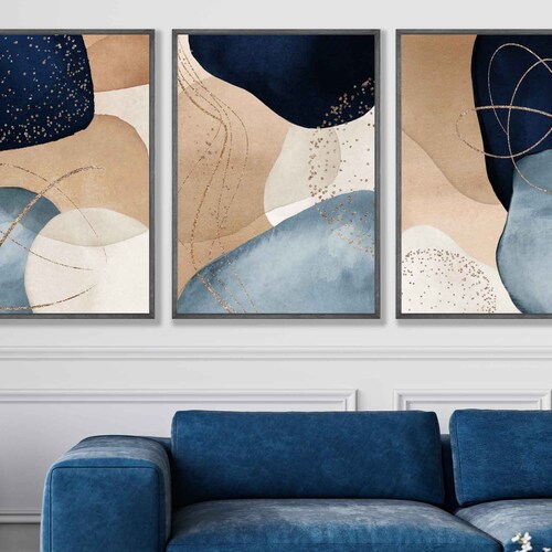 Set of 3 Abstract Navy Blue & Blush Pink Wall Art Prints From - Etsy