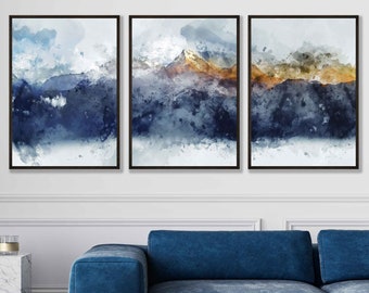 Abstract Mountain Prints Set of 3, Navy Blue and Yellow Watercolour Art