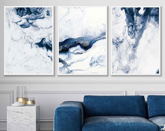 Set of 3 Abstract Ocean Navy Blue & White Art Prints of Paintings Wall Art Print Poster Pictures Artwork Black Pink Purple Green Beige