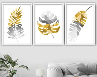 GEOMETRIC set of 3 YELLOW & Grey Art Prints Tropical LEAVES Botanical Wall Pictures Posters Artwork