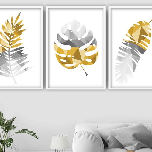 Set of 3 Mustard Yellow Decor Yellow Wall Art Yellow Grey Etsy UK