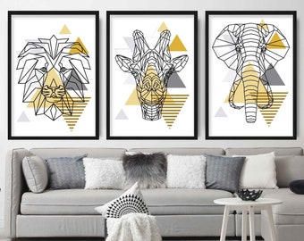 May include: Three black and white geometric animal illustrations with a yellow and gray triangle background. The animals are a lion, giraffe, and elephant.