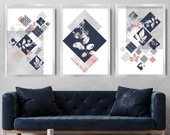 Botanical Prints Set of 3, Abstract Geometric Art, Navy, Blush & Grey