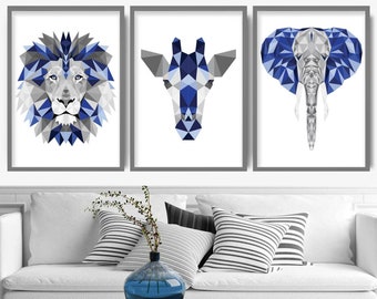 GEOMETRIC set of 3 NAVY BLUE & Grey Art Prints Jungle Heads Giraffe Lion Elephant Wall Pictures Posters Artwork