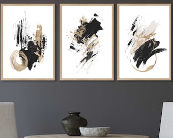 FRAMED Wall Art Set of 3 Abstract Black Ivory and Gold Strokes Prints of Oil Paintings Abstract Wall Art Contemporary Prints Poster Pictures