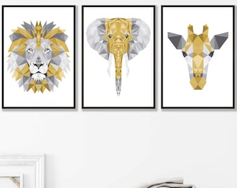 FRAMED Wall Art Set of 3 Yellow & Grey GEOMETRIC Art Prints Jungle Heads Giraffe Lion Elephant Animal Posters Vibrant Wall Art Prints