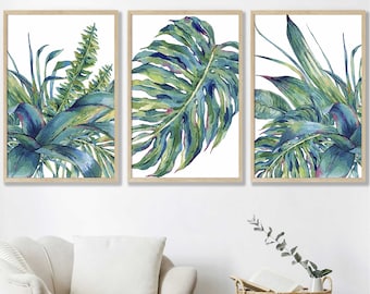 Tropical leaves Print, Set of 3 Art Prints of Watercolour Monstera, Ferns, Modern Decor Print, Home or Office Decor, Modern Wall Art Prints