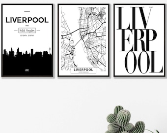 FRAMED Wall Art Set of 3 LIVERPOOL Skyline Street Map Black and White Art Prints Graphical Cityscape Wall Pictures Posters ARTZE