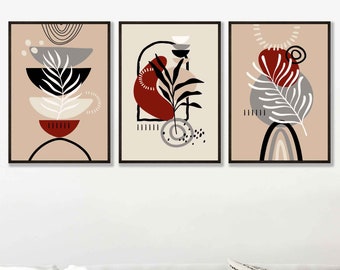Boho Botanical Leaves and Geometric Shapes Modern Style Set of 3 Wall Art Prints in Beige Black Red and White Pictures Posters