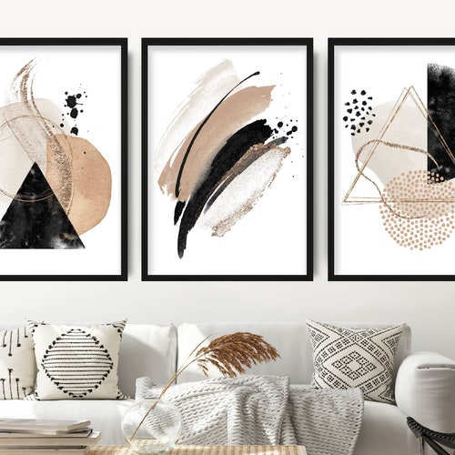 Black Grey and Gold Abstract Wall Art Print Set of 3 Gold Etsy