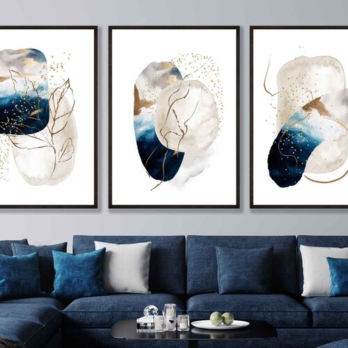 Set of 3 Abstract Navy Blue & Gold Wall Art Prints Abstract Etsy