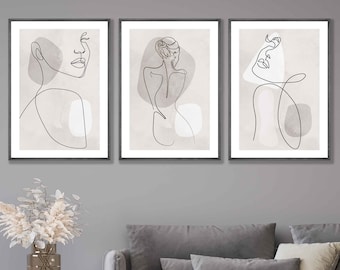 Set of 3 Abstract Wall Art Grey and Beige Female Line Art Prints Minimalist One Line Poster Print Gallery Wall Art Pictures Artwork