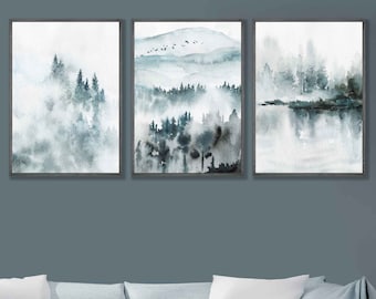 Set of 3 Abstract Art Prints of Watercolour Paintings Navy Blue Teal Wall Art Print Poster Forest Landscape Gallery wall art Pictures ARTZE