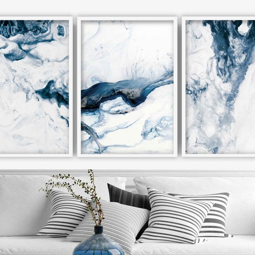Set of 3 Abstract Art Prints of Paintings Navy Blue Yellow Etsy