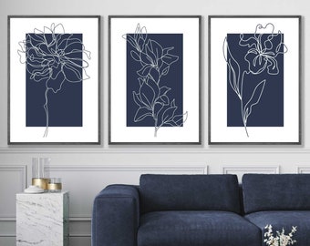 Impressions murales bleues, ensemble de 3 estampes, impressions murales botaniques, art mural végétal, dessin au trait botanique, décoration intérieure bleue, fleurs dessinées à la main bleu marine