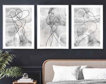 Set of 3 Abstract Watercolour Wall Art Grey Minimalist One Line Poster With Female Line Art Print Gallery Fashion Wall Art Pictures Artwork