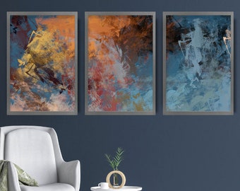 Set of 3 Abstract Blue and Orange Prints of Original Textured Paintings Art Print Poster Gallery wall art Pictures Artwork Artze