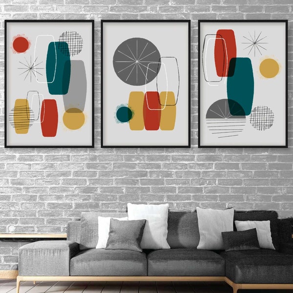 ABSTRACT GEOMETRIC Teal Grey and Red Mid Century Modern, Print Set, Set of Prints, Wall Art Print, Wall Art, Art Print Set, Prints ARTZE