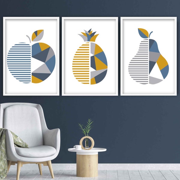 GEOMETRIC set of 3 Yellow Blue Grey Apple Pineapple Pear Fruit Kitchen Wall Art Prints Pictures Posters Artwork ARTZE ARTZEUK