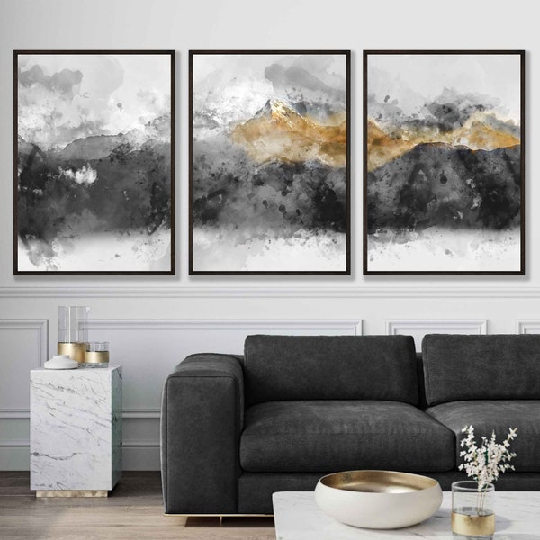 Set of 3 Abstract Art Prints of Paintings Black Grey Yellow Wall Art Print Poster Mountains print wall art Pictures Artwork