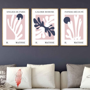 Matisse Floral Cut Out Style Set of 3 Wall Art Prints in Contemporary Navy Blue & Blush Pink Gallery Wall Pictures Posters Artwork