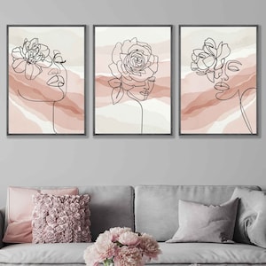 Conjunto de 3 rostos abstratos com flores, arte de parede, impressões de arte de linha feminina bege, rosa e preta, pôster minimalista