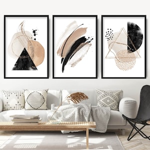 Set of 3 Abstract Art Prints of Paintings Black, Beige and Gold Art Print Poster Geometric Shapes wall art Pictures Artwork Artze
