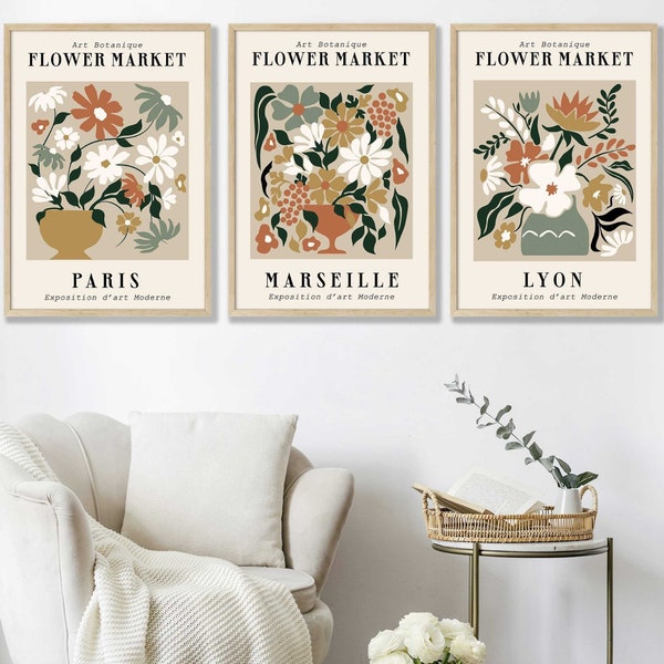 Blumenmarkt Set von 3 Drucken Boho Art, Neutrale Wanddekoration, Wohnzimmerdruck, Vintage Paris Ausstellung Mid Century Modern Art Prints