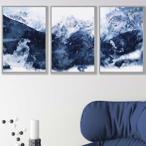 Conjunto de 3 impresiones de arte abstracto de pinturas en azul marino con arte de pared blanco, póster, impresión de montañas, arte de pared, imágenes, obras de arte
