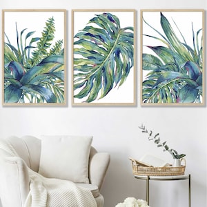 Watercolour Tropical Leaf Print Set, Monstera, Ferns, Modern Blue Green Wall Art