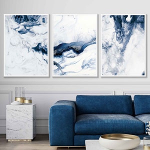 3er Set Abstrakt Ocean Navy Blue & Weiß Kunstdrucke von Gemälden Wand Kunst Druck Poster Bilder Kunstwerk Schwarz Rosa Lila Grün Beige