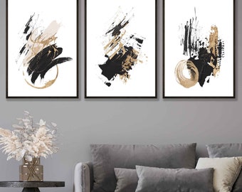 Black and Gold Abstract Set of 3 Prints, Mid Century Modern Wall Art ...